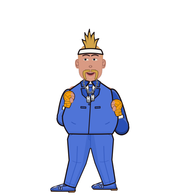 Big T, blue corner portrait. Landed 40 of 81 punches. Hat: Headband; Shirt: Suit jacket; Hands: Wrapped.