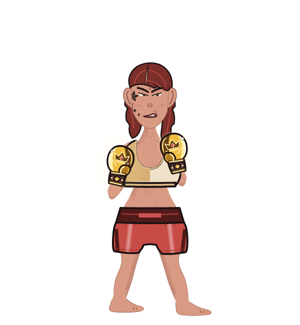 B Nasty, red corner portrait. Landed 28 of 46 punches. Shirt: Sports bra; Hands: Champion gloves.