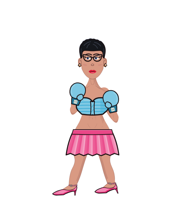 Katy Parry, blue corner portrait. Landed 15 of 28 punches. Shirt: Tube top; Hands: Classic.
