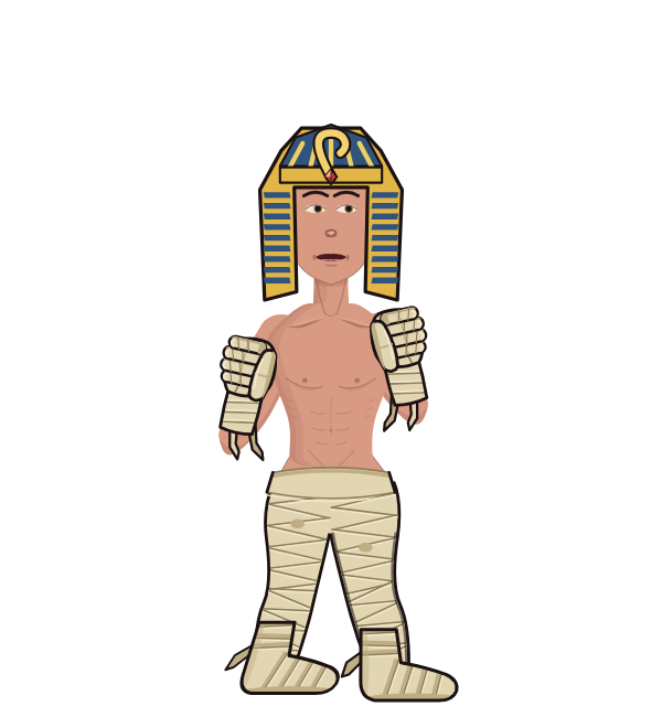 Bkush, red corner portrait. Landed 36 of 49 punches. Hat: Golden sphinx; Hands: Mummy hands.