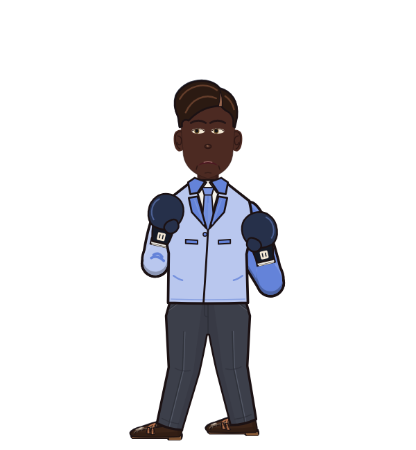 Brawlbert, blue corner portrait. Landed 29 of 34 punches. Shirt: Suit jacket; Hands: Classic.
