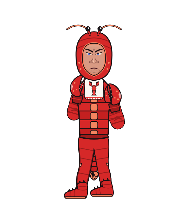 Webmaster, blue corner portrait. Landed 59 of 95 punches. Hat: Lobster hood; Shirt: Lobster shell; Hands: Lobster claws.