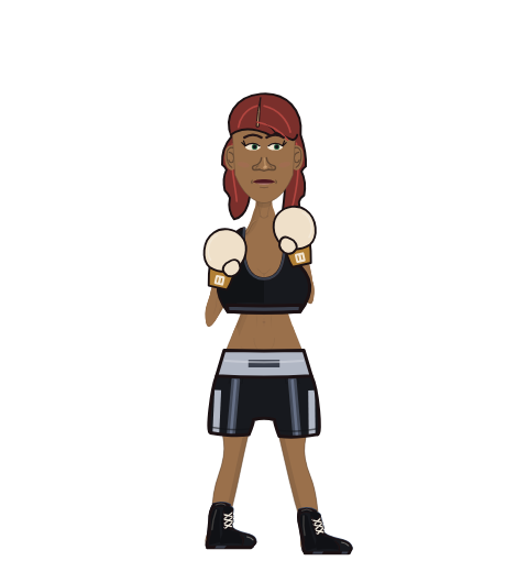 Hustle Buster, level 2 boxer. Record: 3 wins, 1 losses, 0 draws. Shirt: Sports bra; Hands: Classic.